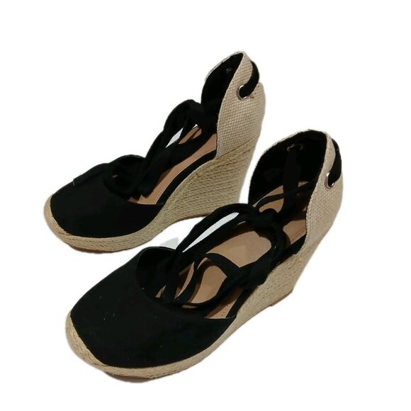 Torrid Espadrille Platform Wedge Shoes Size 9.5 W Wide Tie Up Closed Toe Black - Picture 1 of 12